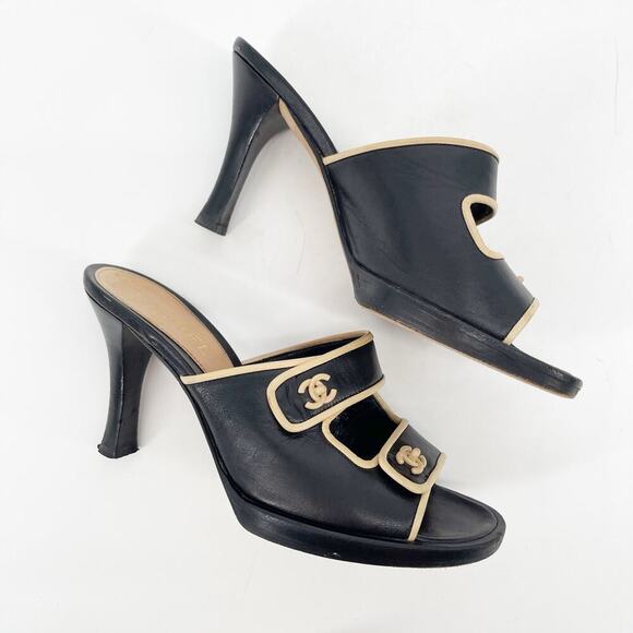 Vintage Chanel Black & Beige Leather CC Logo Slide Mule Heels size EU 36 - Picture 4 of 14